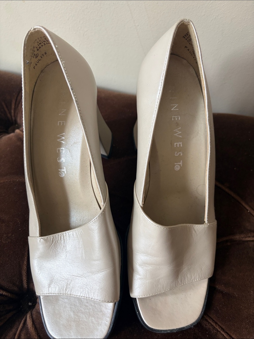 Nine West Cream Leather Peep-Toe Block Heels SZ 6